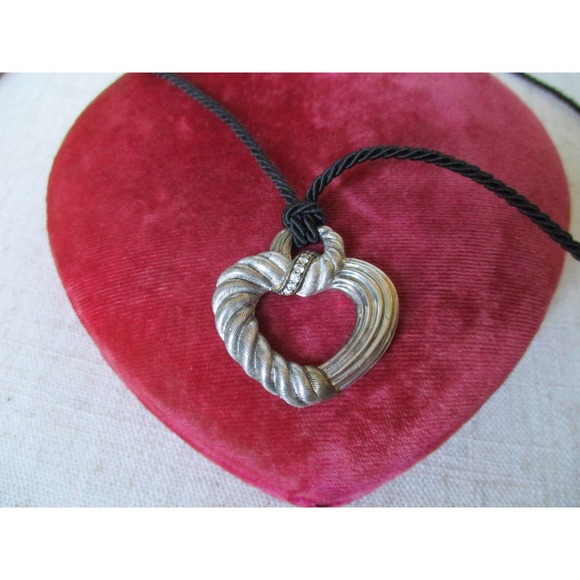 Vintage Judith Ripka Love and Hearts Sterling CZ Pendant and Silk Rope Chain